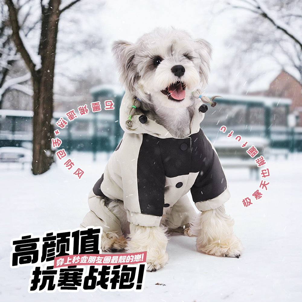 Autumn and Winter New Pet Dog Clothes Teddy Bichon Puppy Outdoor Four-Legged Cotton Coat Warm Cotton Hooded Sweatshirt